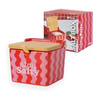 Fisura - Salero original con tapa “stay salty” rosa. Salero extragrande cuadrado de cerámica con tapa de madera y cuchara. Bote para sal de cocina. Azucarero o especiero.10 x 10 x 9 cm