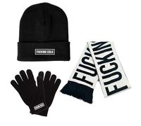 Fisura - Set de gorro, bufanda y guantes de hombre “F*cking cold”. Conjunto de invierno negro para chico. Guantes táctiles y gorro original con mensaje. Regalo para hombre divertido. 3 piezas.