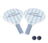 Fisura - Set de Palas de Playa Original “Modo chiringuito”. Palas de Madera Blancas y Azules con Bolsa de Red. Raquetas de Playa Divertidas. 2 Pelotas Incluidas.