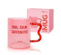 Fisura - Taza de café de cristal con mensaje “caffeinated”. Taza de borosilicato rosa con asa original roja. Vaso de cristal para té o café. 410 ml de capacidad.