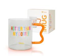Fisura - Taza de café de cristal con mensaje “hotter”. Taza de borosilicato con asa original naranja. Vaso de cristal para té o café. 410 ml de capacidad.