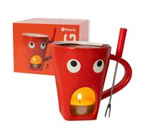 Fisura - Taza fondue chocolate original. Fondue de queso con taza y tenedor. Taza roja con estampado de ojos para fondue. Taza original para regalo. 140 mililitros