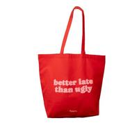 Fisura - Tote bag de algodón con mensaje en borreguillo “better late”. Bolsa de algodón 100% roja y rosa con bolsillo interior. Bolsa tote original para compra. 70 x 51 cm.