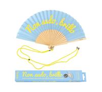 Fisura - Abanico Original con Mensaje “Non sudo Brillo”. Abanico de Madera Moderno y Gracioso. Abanico Azul. Abanico con cuelga Abanico. Brilla en la Oscuridad. 42,5 x 23 cm.