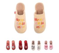 Fisura - Zapatillas mujer originales “no me da la vida”. Zapatillas casa mujer borreguillo beige. Pantuflas de invierno cálidas. Regalo original. Talla 36 - 40