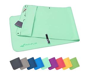 Fit-Flip Toalla Fitness Gym con Compartimento de Cremallera + Clip magnético - Multi Funcional, de Secado rápido y Ligera - Las Toallas de Microfibra Yoga y el Gimnasio - Turquesa