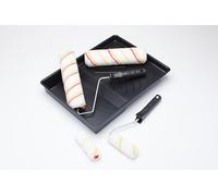 Fit For The Job FRRT003 Juego de rodillos de pintura en emulsión de 7 piezas, 2 x 9 pulgadas y 2 mini rodillos de pintura, marcos y bandeja de pintura, fundas para rodillos de pelo mediano