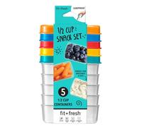 Fit + Fresh - Juego de aperitivos de 1/2 tazas, recipientes reutilizables para control de porciones, sin BPA, microondas y lavavajillas, 5 unidades, multicolor