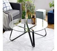 FITATHOME Mesa de Centro Redonda de Vidrio Templado, Estilo nórdico Minimalista, Mesa Auxiliar Moderna con Base Negra de Hierro para el hogar, Sala de Estar, Patio, jardín (80 x 80 x 40 cm)