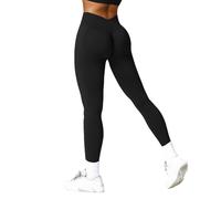 FITELITE Leggings de entrenamiento con espalda en V para mujer, cintura alta, levantamiento de glúteos, sin costuras, suaves, pantalones de yoga para gimnasio, Negro -, Medium