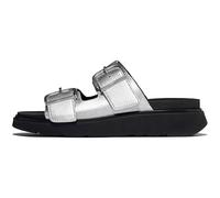FitFlop Sandalias de dos barras de cuero metálico con hebilla Gen-FF para mujer | Sandalias ergonómicas ajustables duraderas con soporte de arco, Plateado, 8.5