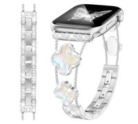 fitonyo Bling Diamond Clover Correas Compatible con Apple Watch Series 10/9/8/7/6/5/4/3/2/1/SE,Sparkle Dressy Metal Pulsera Correa de iWatch 42mm/44mm/45mm/46mm/49mm Plata
