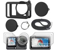 FiTSTILL Funda de goma de silicona + paquete de 3 protectores de vidrio templado compatibles con DJI Osmo Action 6, funda de goma, tapas de lentes, protectores de pantalla y cordón para protección