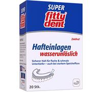 FITTYDENT Super adherentes | Especial para mandíbula inferior estrecha y plana | Sujeción fuerte, larga y segura para prótesis maxilares | insolubles en agua, no se enjuagan ni se deslizan, 20