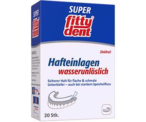FITTYDENT Super adherentes | Especial para mandíbula inferior estrecha y plana | Sujeción fuerte, larga y segura para prótesis maxilares | insolubles en agua, no se enjuagan ni se deslizan, 20