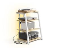 FITUEYES Design Mueble Tocadiscos con Base de Madera, Mueble Equipo HiFi con lámparas LED y enchufes, Mueble vinilos con Estante Ajustable, 66 x 65 x 81 cm, Carga MAX. 50kg