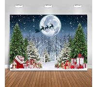 Fitumiw Fondo de fotografía nocturna de Navidad, árbol de Navidad, escena de bosque de invierno, país de las maravillas, polo norte, fondo de fotografía de cielo estrellado, luna, reno, Papá Noel,