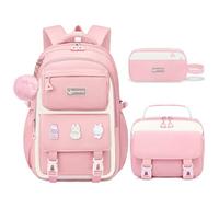 Fitvc Mochila escolar para niñas, bonita mochila escolar con múltiples bolsillos, mochila escolar de gran capacidad para niñas, Juego de mochila rosa y blanca