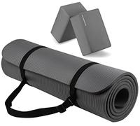 Fitvids Esterilla de yoga multiusos de 1/2 pulgada extra gruesa de alta densidad antidesgarros con correa de transporte y bloques de yoga, gris