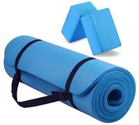 Fitvids Esterilla de yoga multiusos de 1/2 pulgada extra gruesa de alta densidad antidesgarros con correa de transporte y bloques de yoga, color azul
