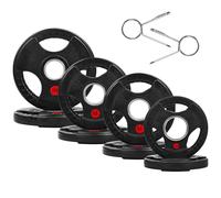 Fitvids Placa de peso olímpica de hierro fundido de 2 pulgadas para entrenamiento de fuerza y levantamiento de pesas, estilo de revestimiento de goma, juego de 45 libras con clips de seguridad