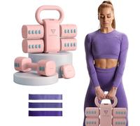 FITVRA Mancuernas Ajustables 2 en 1 para Mujer - Kit de Pesas Regulables de 1 a 6 kg + Kettlebell de 2,5 a 6,5 kg + 3 Bandas elásticas - Gimnasio en Casa - Fitness