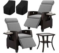 Fiutazge Set 3 Tumbona de Ratán Respaldo Regulable con Cojín,Mesa Jardín,Funda Protectora,Fácil Limpieza Fundas Intercambiables,Silla de jardín,para Patio Terraza-Gris