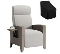 Fiutazge Tumbonas Jardin de Ratán con Respaldo Regulable,Sillon Relax Reclinable,Chaise Longue con Funda Sillas Jardin, para Terraza y Patio,Marrón Ratán y Cojín Beige,Mesa Pequeña-Lado Derecho