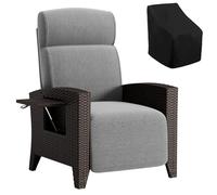 Fiutazge Tumbonas Jardin de Ratán con Respaldo Regulable,Sillon Relax Reclinable,Chaise Longue con Funda Sillas Jardin, para Terraza y Patio,Ratán Negro y Cojín Gris,Mesa Pequeña - Lado Derecho