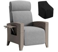 Fiutazge Tumbonas Jardin de Ratán con Respaldo Regulable,Sillon Relax Reclinable,Chaise Longue con Funda Sillas Jardin, para Terraza y Patio,Marrón Ratán y Cojín Gris,Mesa Pequeña-Lado Derecho