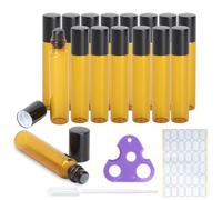 FIUTEKO 16 Botellas Set Roll On Vacíos 10ml,Vidrio Ámbar con Tapón Negro + Pipeta Abridor y Etiquetas Recipientes Rellenables para Aceites Esenciales Perfumes pintalabios líquido Cosmética DIY