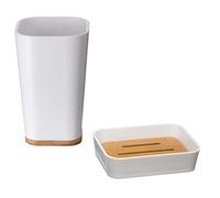 FIVE Juego SDB blanco Natureo, Poliestireno y bambú, Jabonera: 11,9x8,7x2,8 cm vaso: 11,6x7,3x7,3 cm