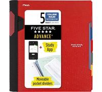 Five Star Advance - Cuaderno en espiral, papel rayado universitario, 5 divisiones, 200 hojas, colores variados (6326), color rosso 1 Pack