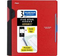 Five Star Advance Cuaderno espiral Plus aplicación de estudio, 3 materias, papel rayado universitario, 11 x 8-1/2 pulgadas, 150 hojas, con protector en espiral y separadores móviles, rojo fuego, 1 unidad (73134)