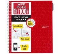 Five Star Cuaderno en espiral + aplicación de estudio, 1 materia, papel rayado ancho de 8 x 10.5 pulgadas, incluye juego de herramientas matemáticas de 4 piezas, 100 hojas, rojo (620025B)