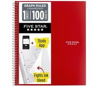Five Star Cuaderno en espiral + aplicación de estudio, 1 tema, papel rayado gráfico, 8-1/2 x 11 pulgadas, 100 hojas, combate el sangrado de tinta, cubierta resistente al agua, rojo fuego (620000D)