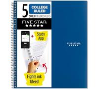 Five Star Cuaderno en espiral + aplicación de estudio, 5 materias, papel rayado universitario, 8-0.5 x 11 pulgadas, 200 hojas, combate el sangrado de tinta, cubierta resistente al agua, azul pacífico