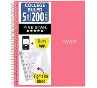 Five Star Cuaderno en espiral + aplicación de estudio, 5 temas, papel rayado universitario, 8-1/2 x 11 pulgadas, 200 hojas, combate el sangrado de tinta, cubierta resistente al agua, rosa de