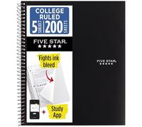 Five Star Cuaderno en espiral + aplicación de estudio, 5 temas, papel rayado universitario, combate el sangrado de tinta, cubierta resistente al agua, 8-1/2 x 11 pulgadas, 200 hojas, negro (72081)