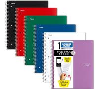 Five Star Cuadernos en espiral, paquete de 6, 1 materia, papel rayado universitario, combate el sangrado de tinta, cubierta resistente al agua, 8-1/2 x 11 pulgadas, 100 hojas, negro, rojo, azul,