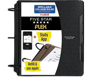 Five Star Flex - Cuaderno recargable + aplicación de estudio, papel rayado universitario, anillos TechLock de 1-1/2 pulgadas, bolsillos, pestañas y divisores, capacidad de 300 hojas, negro (29324AA2)