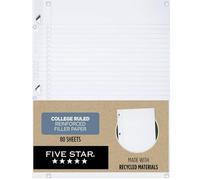 Five Star Loose Leaf Paper Plus - Aplicación de estudio, 3 agujeros perforados, papel de relleno reforzado, papel rayado universitario, reciclado, 8-1/2 x 11 pulgadas, 80 hojas, 1 paquete (170023)