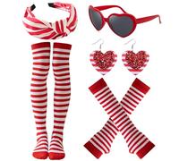 FiveMileBro Conjunto de Disfraces para el carnaval con Diadema Roja y Blanca y calcetines hasta la rodilla de rayas. Incluye también guantes, gafas de corazón y pendientes. Para fiestas de carnaval