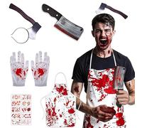 FiveMileBro Disfraz de Carnicero de Halloween: Delantal Sangriento, hacha en cabeza, cuchillo, guantes sangrientos & realistas cicatrices. Sangriento Carnicero Disfraces Terror Halloween/Cosplay