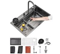 FIVIXIL Fregadero de cocina（66 * 50, 76 * 50, 81 * 50, 86 * 50）Flying Rain Waterfall Fregadero individual grande con lavavasos, dispensador de jabón, rejilla para vajilla (Gris plomo, 86 * 50 * 22cm)