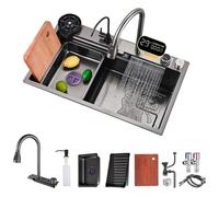 FIVIXIL Fregadero de cocina（66 * 50, 76 * 50, 81 * 50, 86 * 50）Flying Rain Waterfall Fregadero individual grande con lavavasos, dispensador de jabón, rejilla para vajilla (Gris Plomo, 90 * 50 * 22cm)