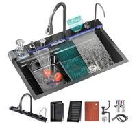 FIVIXIL Fregadero de cocina 85 * 46cm Fregadero digital en cascada Whale Grifería multifunción con lavavasos, dispensador de jabón, caño en cascada Flying Rain, control de mesa, etc