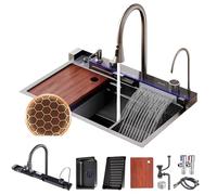 FIVIXIL Fregadero de cocina fregadero Whale de doble cascada con pantalla LED con lavavasos, dispensador de jabón, mezclador de cascada, mandos de encimera, etc (80 * 46 * 22cm, Gris Pistola)