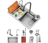 FIVIXIL Fregadero de cocina rainfall single groove con grifo extraíble, lavavajillas presurizado, tabla de cortar, cesta de drenaje y otros accesorios (75 * 45 * 21cm, El gris)