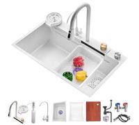 FIVIXIL Fregadero de cocina rainfall single groove fregadero con grifo de extracción, lavavajillas presurizado, tabla de cortar, cesta de drenaje, así como otros accesorios (White, 80 * 45 * 21cm)